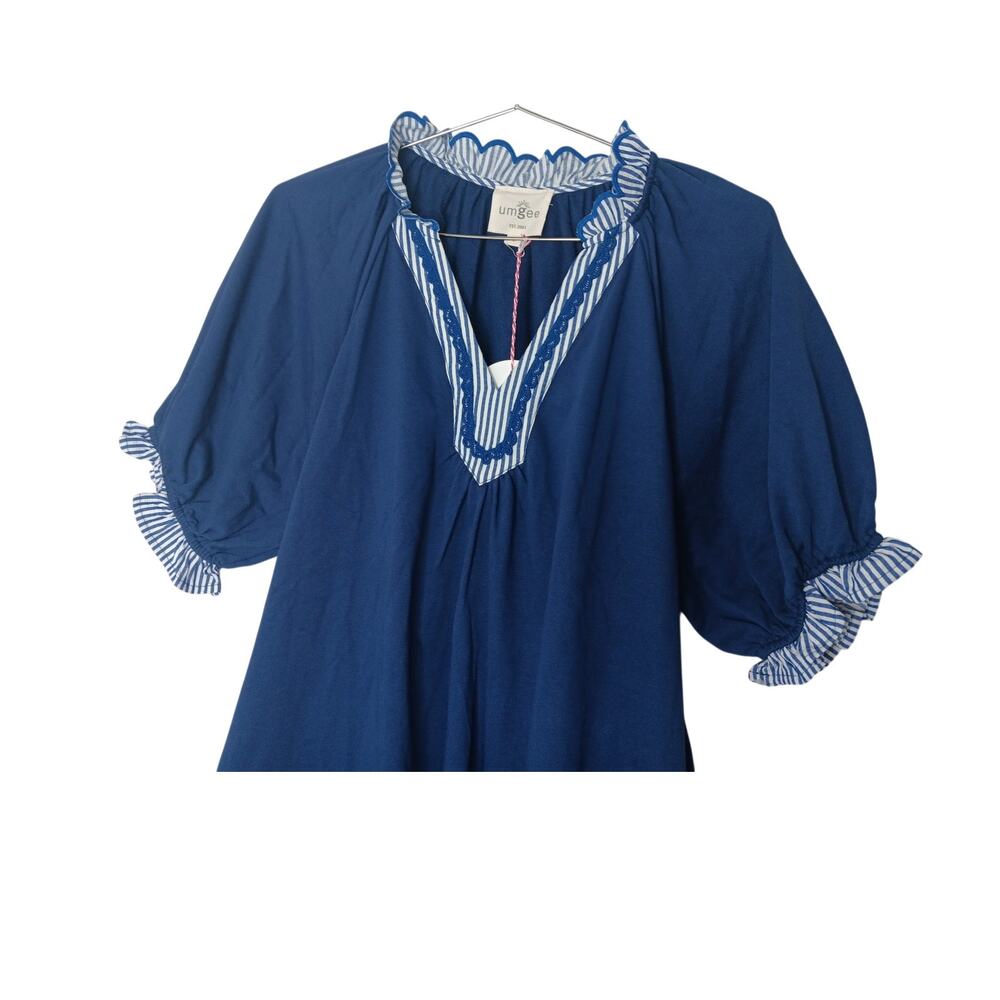 New with tags Umgee French Terry Mini Dress S Blue Ruffle Striped Trim Boho - Picture 8 of 16